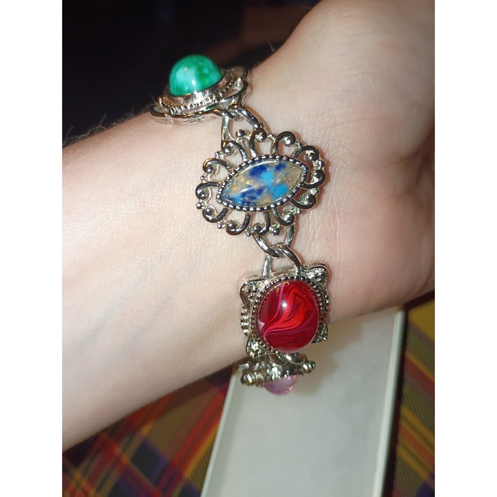 Vintage Sarah Coventry "Frolic" Bracelet Multicolored Cabochon Faux Stones - Picture 5 of 10